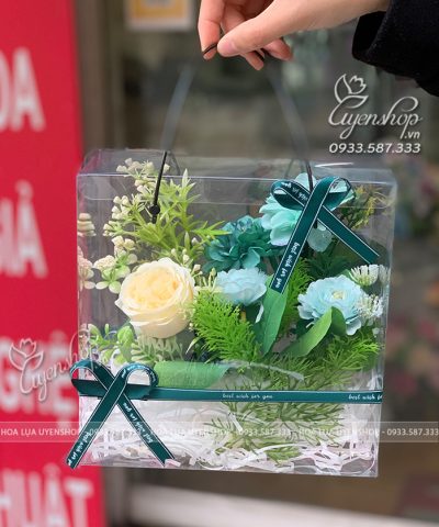 HỘP HOA LỤA TONE XANH HỘP HOA LỤA TONE XANH