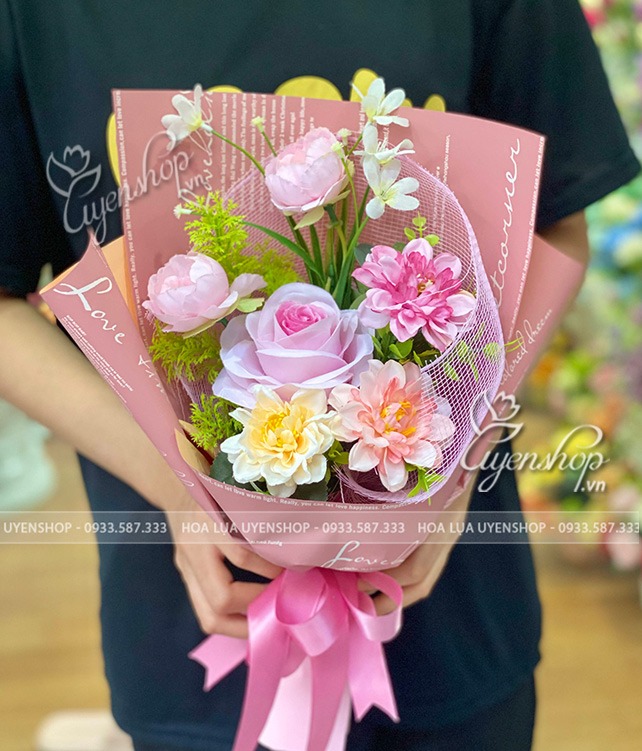 Zoom với BÓ HOA LỤA NHỎ TONE HỒNG