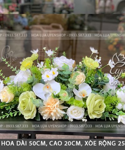 LÃNG HOA BÀN HỌP TONE TRẮNG CỐM Hoa giả, Hoa lụa đẹp, LÃNG HOA BÀN HỌP TONE TRẮNG CỐM