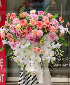 Hoa giả, Hoa lụa đẹp, LÃNG HOA LỤA TRANG TRÍ BỤC PHÁT BIỂU TONE HỒNG