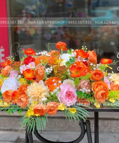 LÃNG HOA LỤA BÀN TRÒN TONE CAM Hoa giả, Hoa lụa đẹp, LÃNG HOA LỤA BÀN TRÒN TONE CAM