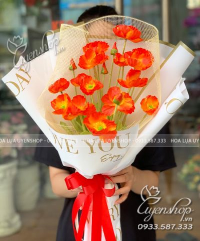 BÓ HOA LỤA POPPY TONE CAM Hoa giả, Hoa lụa đẹp, BÓ HOA LỤA POPPY TONE CAM