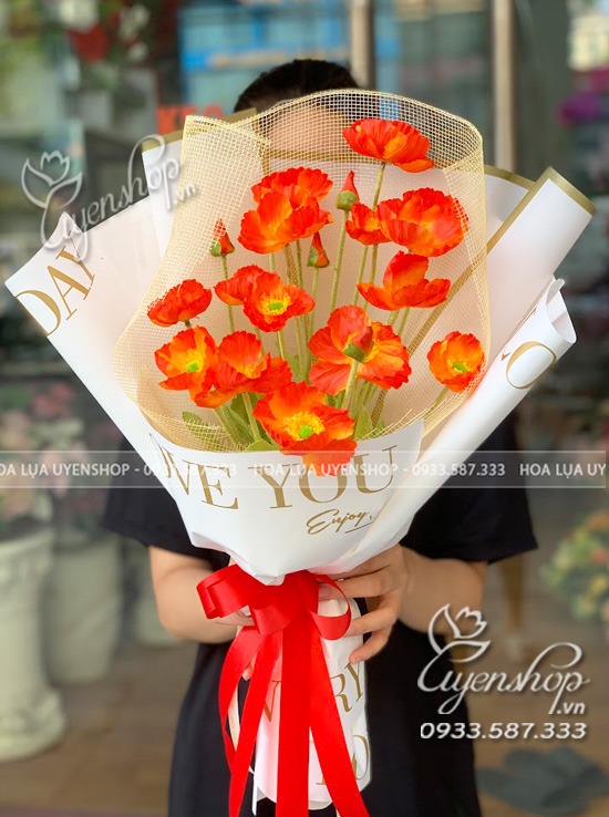 Zoom với BÓ HOA LỤA POPPY TONE CAM