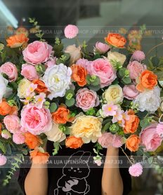 Hoa giả, Hoa lụa đẹp, LÃNG HOA BỤC PHÁT BIỂU TONE HỒNG CAM