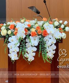 Hoa giả, Hoa lụa đẹp, LÃNG HOA BỤC PHÁT BIỂU TONE TRẮNG CAM