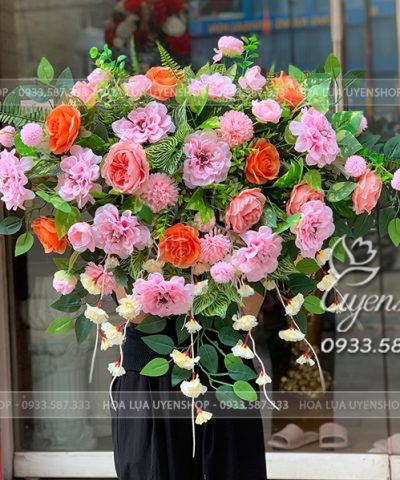 LÃNG HOA BỤC PHÁT BIỂU TONE HỒNG CAM Hoa giả, Hoa lụa đẹp, LÃNG HOA BỤC PHÁT BIỂU TONE HỒNG CAM