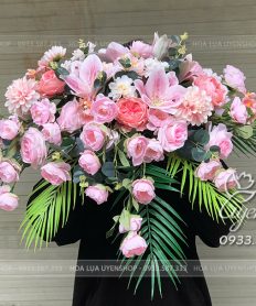 Hoa giả, Hoa lụa đẹp, LÃNG HOA BỤC PHÁT BIỂU, QUẦY LỄ TÂN TONE HỒNG