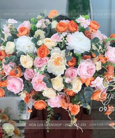 Hoa giả, Hoa lụa đẹp, LÃNG HOA BỤC PHÁT BIỂU TONE HỒNG KEM