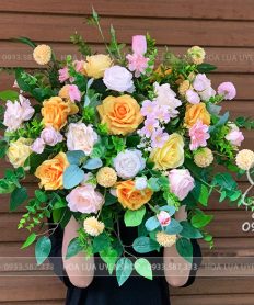 Hoa giả, Hoa lụa đẹp, LÃNG HOA BỤC PHÁT BIỂU NHỎ TONE VÀNG