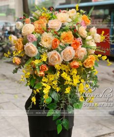 Hoa giả, Hoa lụa đẹp, LÃNG HOA BỤC PHÁT BIỂU TONE VÀNG KEM