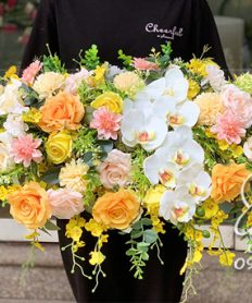 Hoa giả, Hoa lụa đẹp, LÃNG HOA BỤC PHÁT BIỂU NHỎ TONE VÀNG