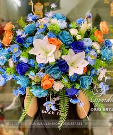 Hoa giả, Hoa lụa đẹp, LÃNG HOA NHỎ BỤC PHÁT BIỂU TONE XANH