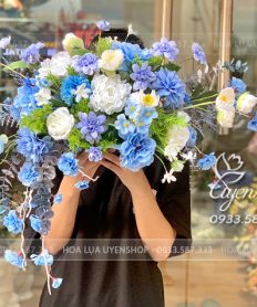 Hoa giả, Hoa lụa đẹp, LÃNG HOA LỤA TRANG TRÍ SỰ KIỆN, BACKDROP, BÀN GALLERY TONE XANH