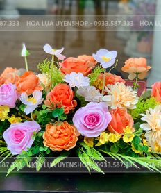Hoa giả, Hoa lụa đẹp, LÃNG HOA BÀN HỌP NHỎ TONE CAM