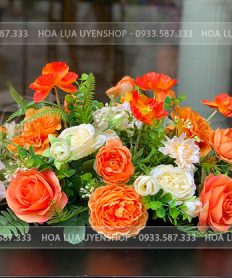 Hoa giả, Hoa lụa đẹp, LÃNG HOA BÀN HỌP TONE CAM