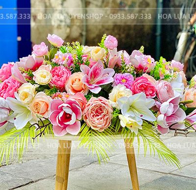 LÃNG HOA BÀN HỌP CAO CẤP TONE HỒNG Hoa giả, Hoa lụa đẹp, LÃNG HOA BÀN HỌP CAO CẤP TONE HỒNG