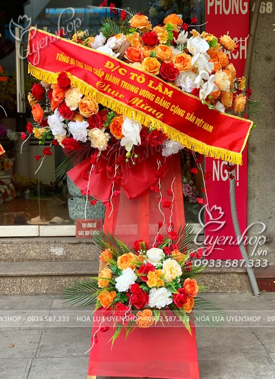 Zoom với LÃNG HOA LỤA 2 TẦNG CHÚC MỪNG, KHAI TRƯƠNG TONE CAM