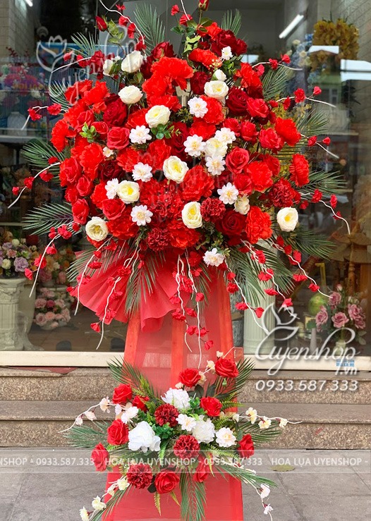 Zoom với LÃNG HOA LỤA 2 TẦNG CHÚC MỪNG, KHAI TRƯƠNG TONE ĐỎ