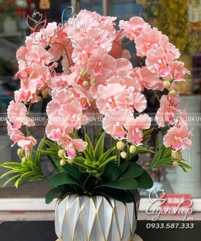 CHẬU LAN TONE HỒNG ĐỂ KỆ TI VI PHÒNG KHÁCH Hoa giả, Hoa lụa đẹp, CHẬU LAN TONE HỒNG ĐỂ KỆ TI VI PHÒNG KHÁCH