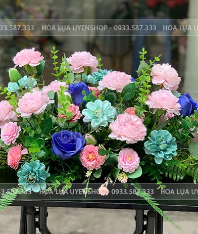 HOA BÀN HỌP TONE HỒNG XANH Hoa giả, Hoa lụa đẹp, HOA BÀN HỌP TONE HỒNG XANH