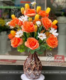 Hoa giả, Hoa lụa đẹp, LỌ HOA HỒNG TONE CAM ĐỂ BÀN