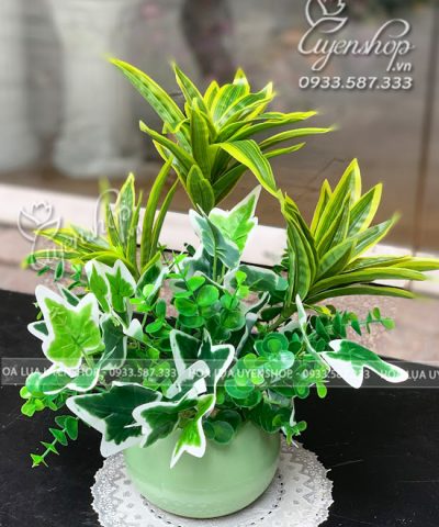 Hoa giả, Hoa lụa đẹp, CHẬU CÂY XANH NHỎ ĐỂ BÀN