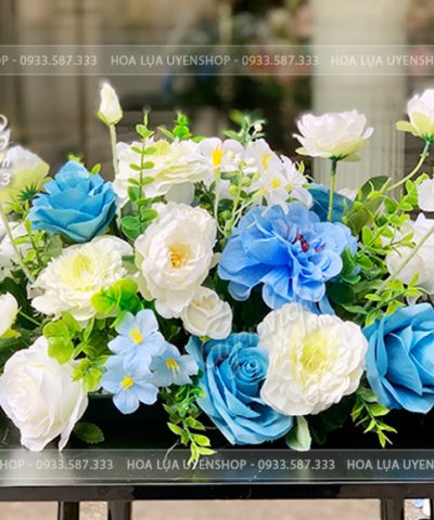 LÃNG HOA BÀN THƯ KÍ, BÀN CHỦ TỊCH, HOA ĐỂ BÀN SỰ KIỆN NHỎ TONE TRẮNG XANH Hoa giả, Hoa lụa đẹp, LÃNG HOA BÀN THƯ KÍ, BÀN CHỦ TỊCH, HOA ĐỂ BÀN SỰ KIỆN NHỎ TONE TRẮNG XANH