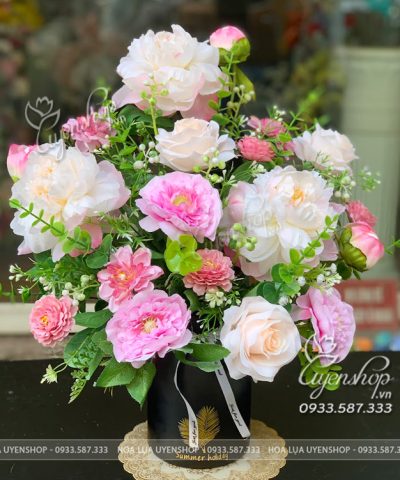 Hoa giả, Hoa lụa đẹp, BÌNH HOA MẪU ĐƠN MIX TONE HỒNG