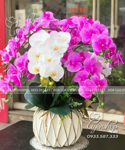 Hoa giả, Hoa lụa đẹp, CHẬU LAN HỒ ĐIỆP TRẮNG TÍM