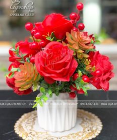 LỌ HOA HỒNG ĐỎ NHỎ Hoa giả, Hoa lụa đẹp, LỌ HOA HỒNG ĐỎ NHỎ