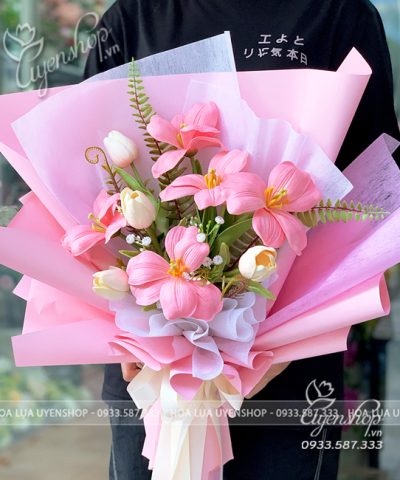BÓ HOA TULIP HỒNG Hoa giả, Hoa lụa đẹp, BÓ HOA TULIP HỒNG