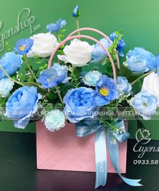 Hoa giả, Hoa lụa đẹp, GIỎ HOA LỤA TONE XANH