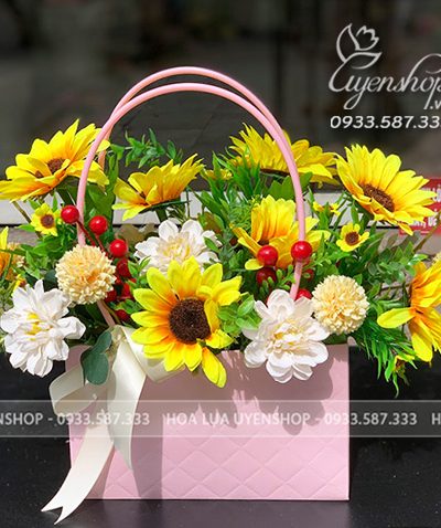 GIỎ HOA HƯỚNG DƯƠNG NHỎ Hoa giả, Hoa lụa đẹp, GIỎ HOA HƯỚNG DƯƠNG NHỎ