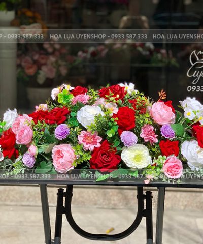 LÃNG HOA ĐỂ BÀN PHÒNG HỌP, HỘI NGHỊ TONE ĐỎ Hoa giả, Hoa lụa đẹp, LÃNG HOA ĐỂ BÀN PHÒNG HỌP, HỘI NGHỊ TONE ĐỎ