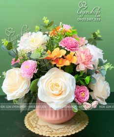 LỌ HOA NHỎ ĐỂ BÀN TONE KEM HỒNG Hoa giả, Hoa lụa đẹp, LỌ HOA NHỎ ĐỂ BÀN TONE KEM HỒNG