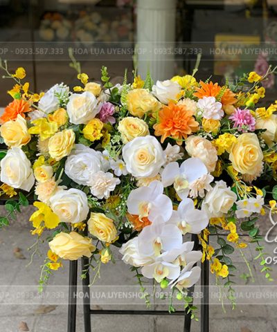 LÃNG HOA BỤC PHÁT BIỂU TONE VÀNG Hoa giả, Hoa lụa đẹp, LÃNG HOA BỤC PHÁT BIỂU TONE VÀNG