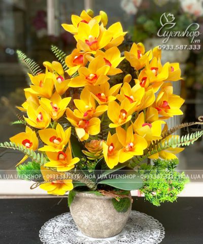 CHẬU HOA ĐỊA VÀNG NHỎ ĐỂ BÀN Hoa giả, Hoa lụa đẹp, CHẬU HOA ĐỊA VÀNG NHỎ ĐỂ BÀN