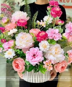 Hoa giả, Hoa lụa đẹp, Giỏ Hoa Lụa Tone Hồng