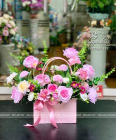 Hoa giả, Hoa lụa đẹp, GIỎ HOA LỤA TONE HỒNG