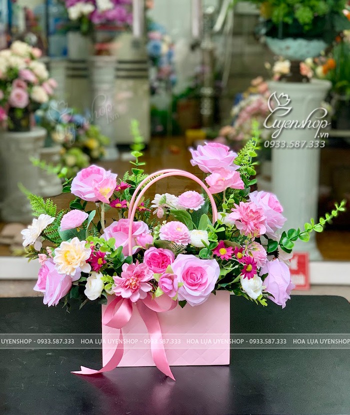 Zoom với GIỎ HOA LỤA TONE HỒNG