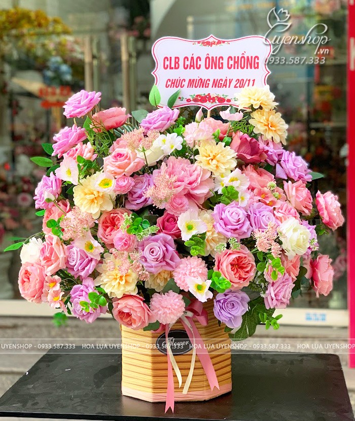 Zoom với GIỎ HOA LỤA TONE TÍM PASTEL