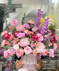 Hoa giả, Hoa lụa đẹp, GIỎ HOA LỤA TONE HỒNG PASTEL