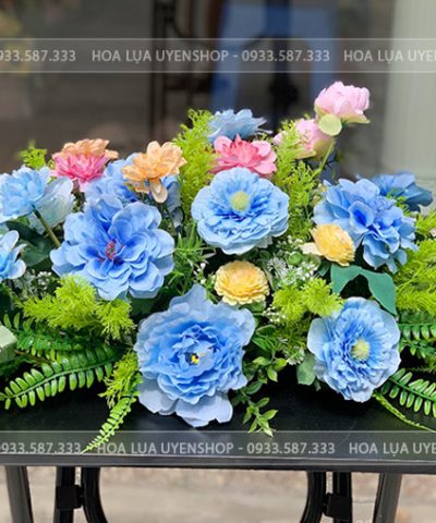 LÃNG HOA LỤA TONE XANH TRANG TRÍ PHÒNG HỌP Hoa giả, Hoa lụa đẹp, LÃNG HOA LỤA TONE XANH TRANG TRÍ PHÒNG HỌP