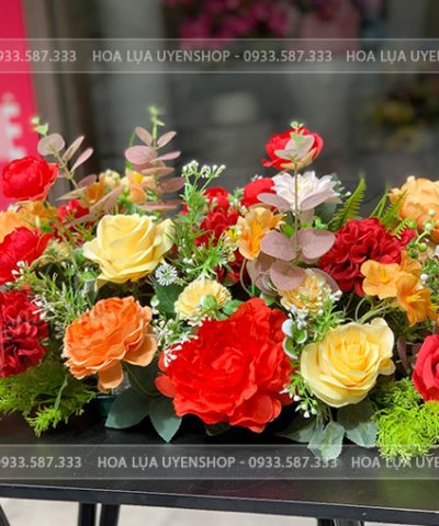 LÃNG HOA LỤA BÀN HỌP TONE ĐỎ Hoa giả, Hoa lụa đẹp, LÃNG HOA LỤA BÀN HỌP TONE ĐỎ