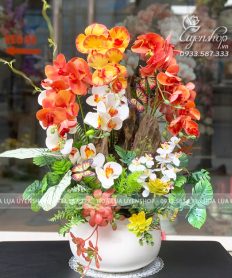 Hoa giả, Hoa lụa đẹp, CHẬU LAN KẾT HỢP CÙNG LŨA TONE CAM NỔI BẬT