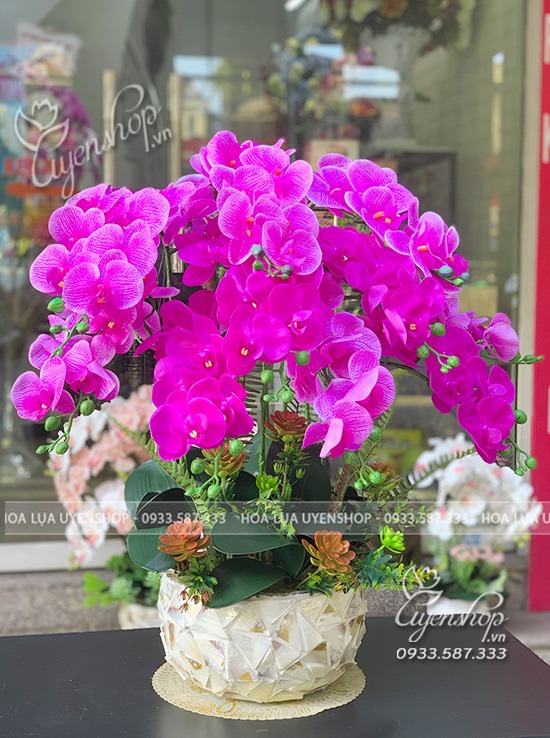 Zoom với CHẬU LAN HỒ ĐIỆP TONE TÍM CHẬU KHẢM TRAI SANG TRỌNG