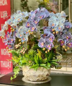 Hoa giả, Hoa lụa đẹp, CHẬU LAN HỒ ĐIỆP CHO GIA CHỦ MỆNH MỘC VÀ MỆNH THỦY