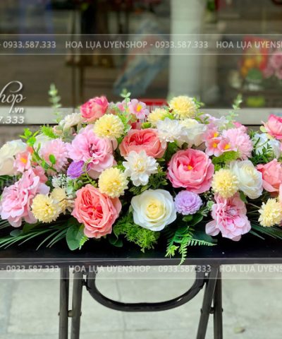 LÃNG HOA BÀN HỌP TONE HỒNG KEM Hoa giả, Hoa lụa đẹp, LÃNG HOA BÀN HỌP TONE HỒNG KEM