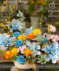 Hoa giả, Hoa lụa đẹp, BÌNH HOA NGHỆ THUẬT TONE XANH