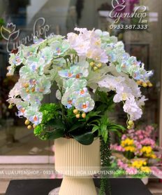 Hoa giả, Hoa lụa đẹp, CHẬU LAN HỒ ĐIỆP CÁNH XOĂN TONE XANH NGỌC